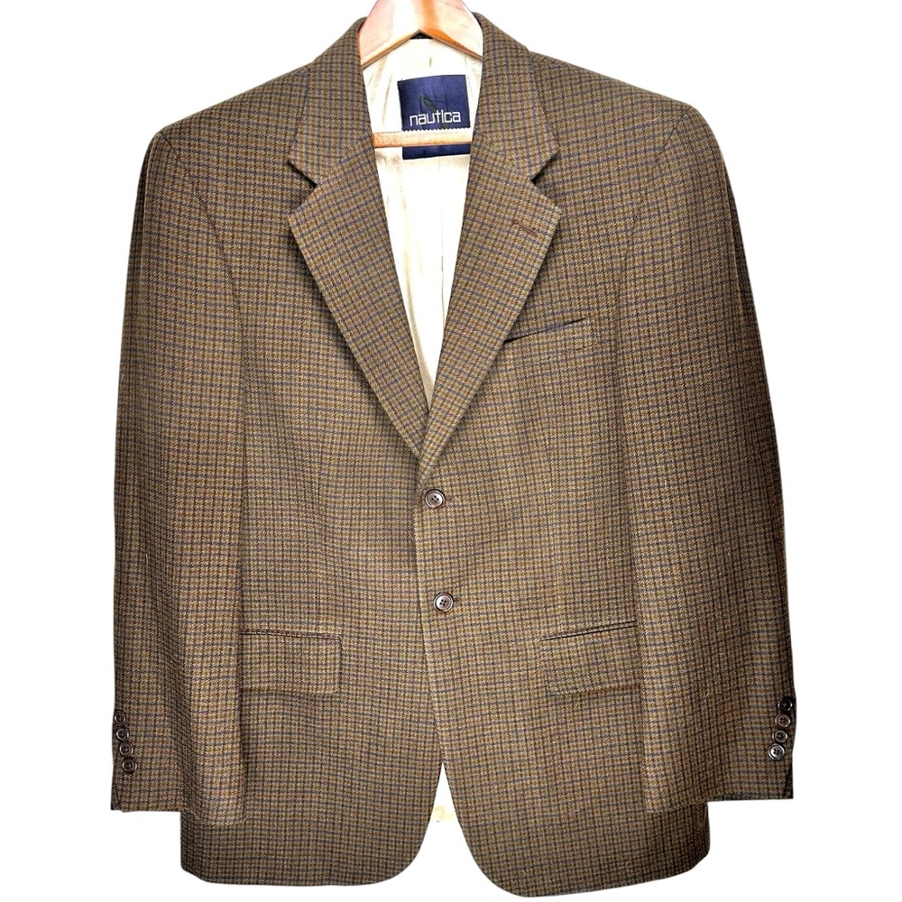 VTG Nautica Men's 44R Houndstooth Sport Coat Brown Tweed Blazer Jacket 2 Button